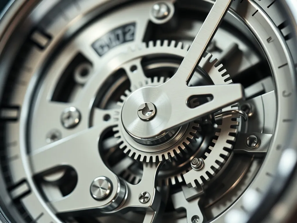 A close-up of a silver mechanical clock mechanism with chrom